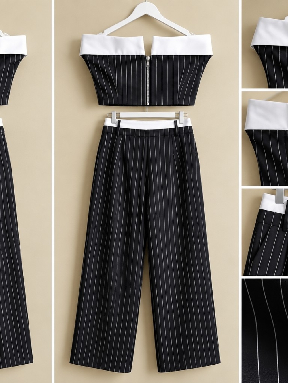 SHEIN Black Pinstripe Wide-Leg Pants with White Trim Crop Top Set